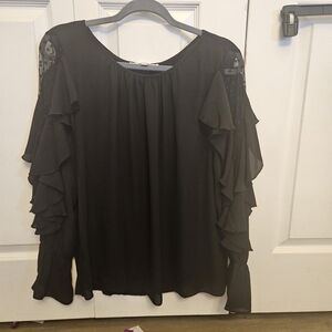 LOFT Black Ruffle Sleeve Blouse with Sheer Shoulder